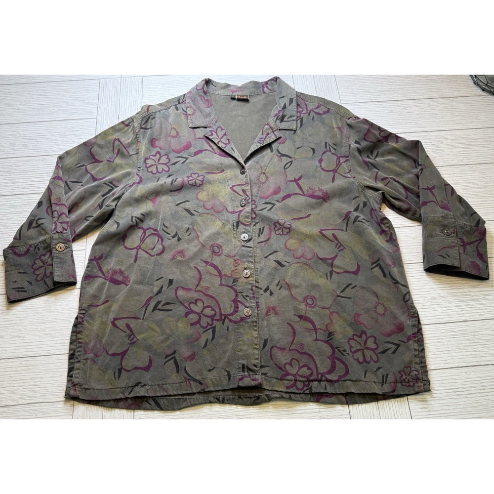 Tianello Tencel Button Up 3/4 Length Sleeve Floral Print Olive Blouse Top.‎ Sz M